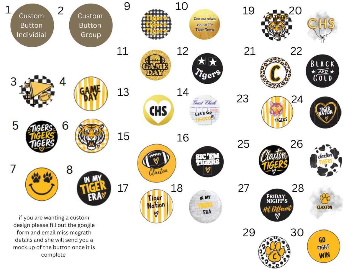 Sheet of 30 numbered button designs in black and gold, including Tigers, Game Day, paw prints, and Claxton Tigers.